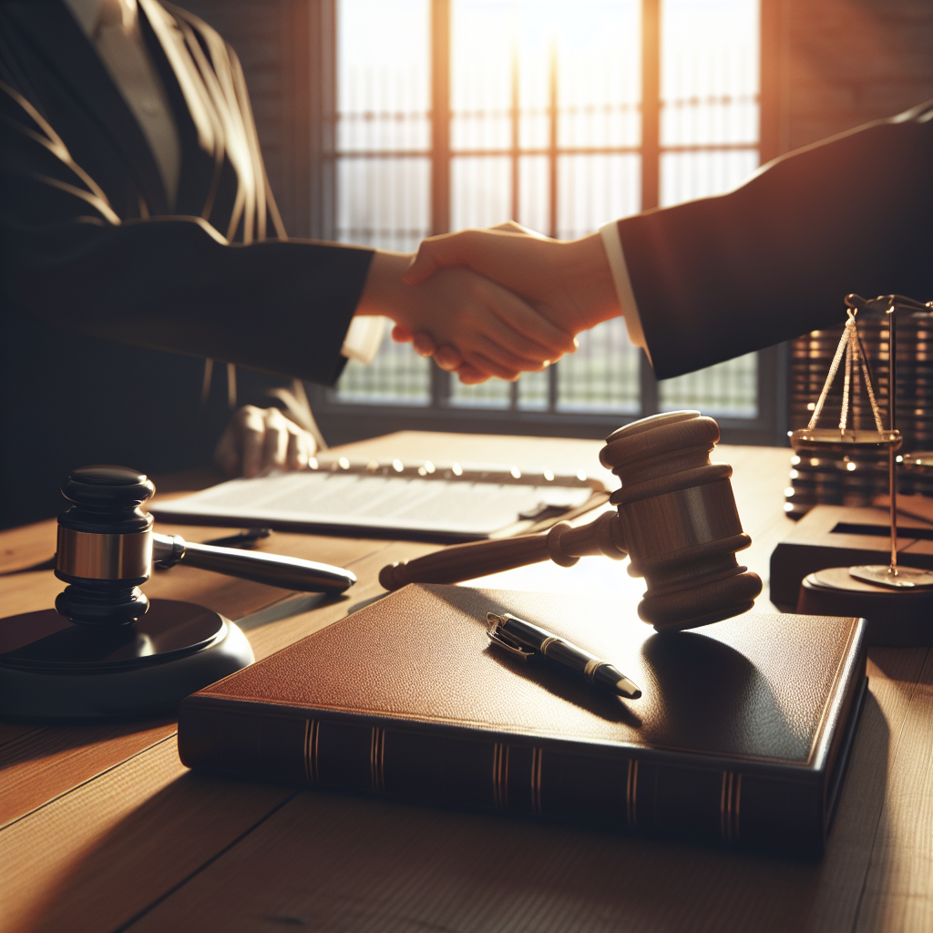 Generate a high-quality, photorealistic image that represents a dispute resolution victory in Nevada. Focus on demonstrating the ambiance of a legal setting with a professional atmosphere, natural lighting, and soft shadows. Show symbolic elements such as a gavel, legal paperwork, a congratulatory handshake. Avoid showing specific people or entities.