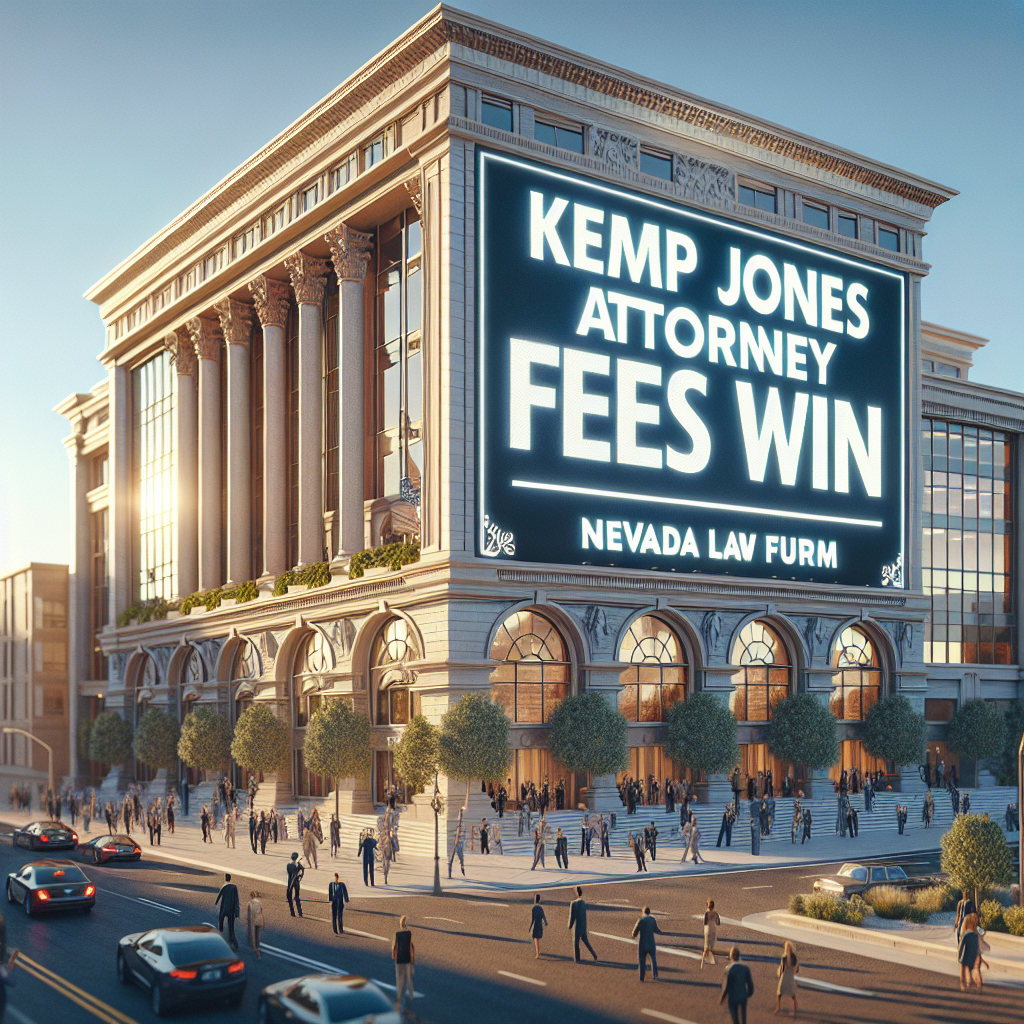 Visualize a scenario with 'Kemp Jones Attorney Fees Win' as the leading headline on a Nevada law firm's building facade. Show the exterior of a professional looking law firm in Nevada during the day, with the sun casting soft shadows. Accentuate the beauty of the architecture and the natural lighting. Include a large, majestic billboard with 'Kemp Jones Attorney Fees Win' prominently displayed. Emphasize the elation and pride, expressed through festive decorations and people jubilant.