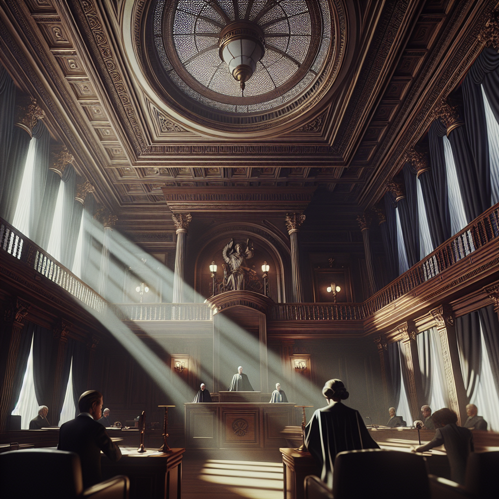 Depict a scene set in a majestic courtroom. The room is grand, bathed in natural light illuminating the high ceiling, long flowing drapes and detailed wooden work. The Judge, a Middle-Eastern woman, is presiding over an important matter, her firm and decision reflected in her demeanor. In front of her is a compelling argument presented by a lawyer of Hispanic descent. The mood is palpable, an undercurrent of anticipation hangs in the air. The image should suggest that a remarkable decision of $33M is at stake. The room casts soft shadows, creating a depth and adding to the overall intense atmosphere.