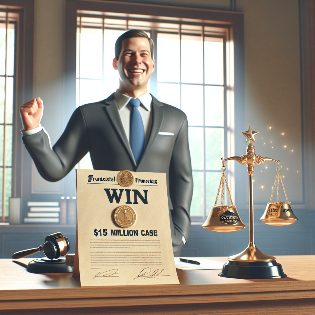 Create a high-quality, photorealistic image using natural lighting and soft shadows, showcasing a subtly celebratory scene inside a corporate law office. Signpost a successful franchising case with visual cues such as a legal document titled 'Win: $15 Million Case' on an elegant wood desk, a lawyer wearing a suit and a broad smile, and a branded company bell labeled 'Victory', freshly rung. No specific people or brand logos should be depicted in the scene.