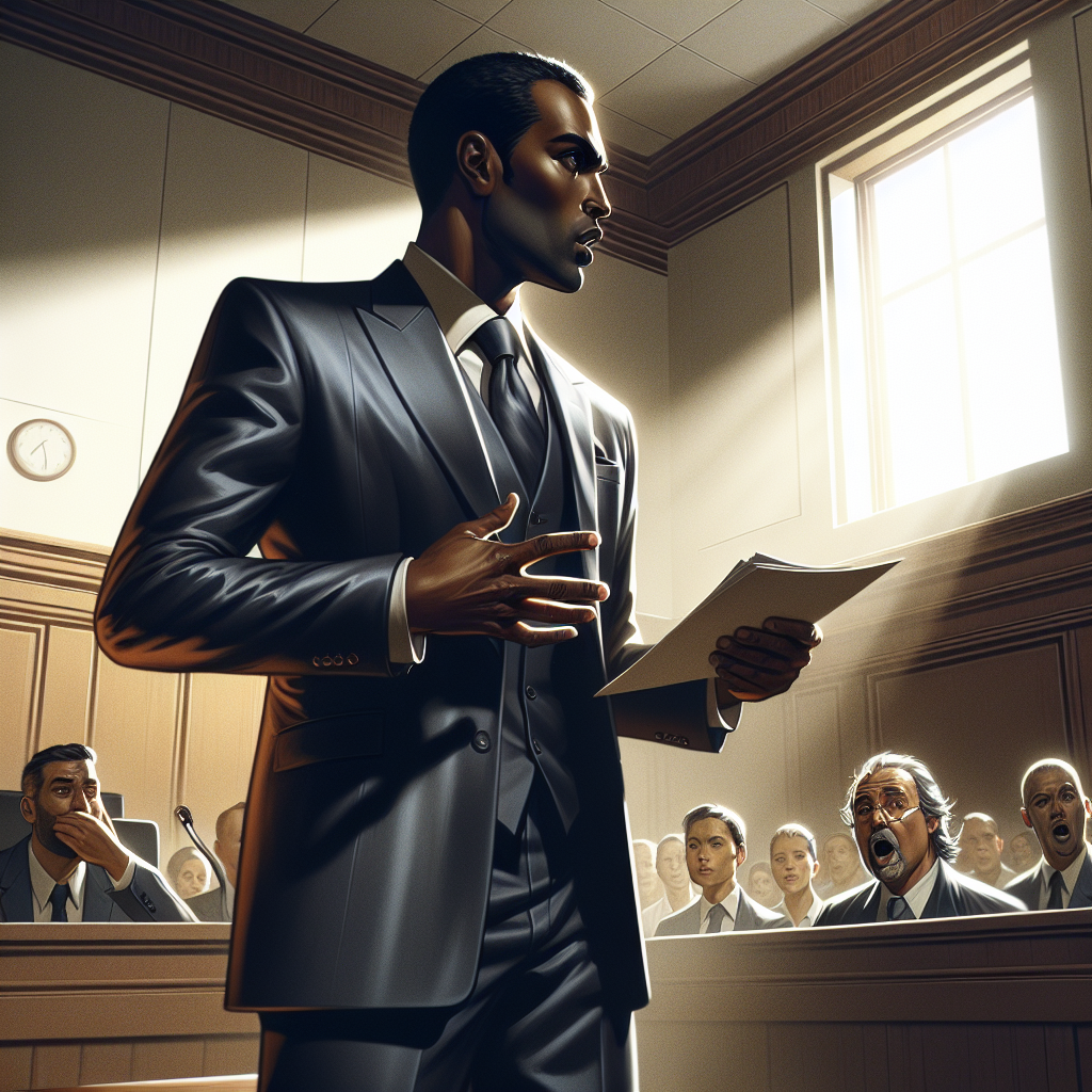 Illustration of an intense courtroom scene focused on a dedicated lawyer successfully winning a high-stakes legal case worth $11M related to police misconduct. The lawyer is a middle-aged African-American male garbed in a sleek suit, holding court documents in his hands. Natural lighting illuminates the room, casting soft shadows and highlighting his achievement. Emphasize the looks of surprise and shock on the faces of the spectators in the courtroom, and the look of relief and joy on his client's face, a young Hispanic female.