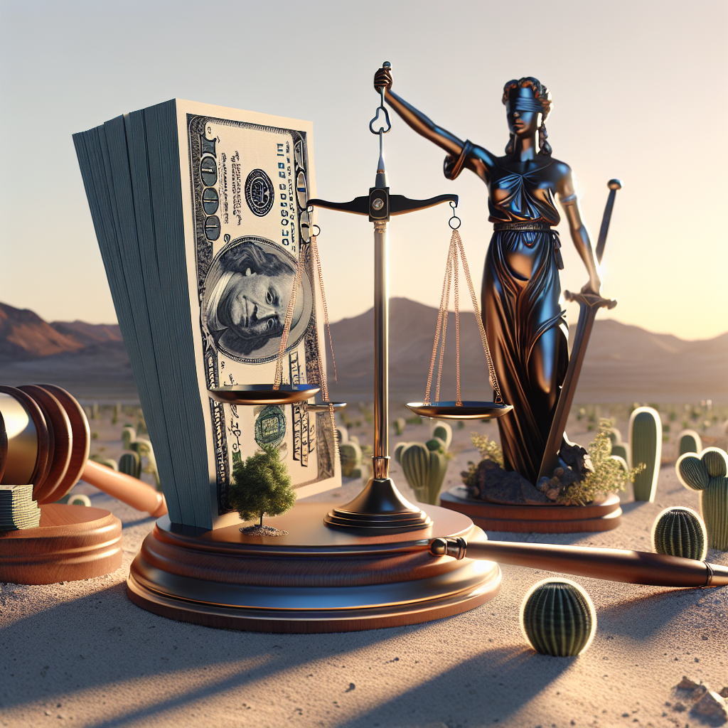 Generate a high-quality, photorealistic image showcasing a symbolic representation of a significant legal victory in a qui tam case in Nevada. The image should have a balance of $20 million dollars highlighted under natural lighting with soft shadows. The image could also feature a symbolic gavel, a scale of justice to signify the victory, and the desert environment representing Nevada, but no specific person or identifiable individual should be included.