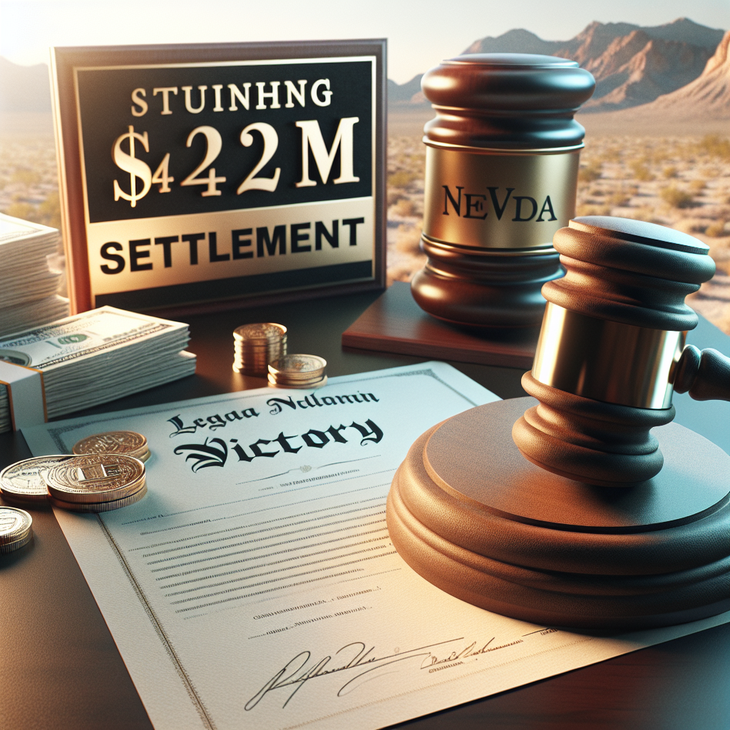 Create a high-quality photorealistic image illustrating a stunning $42M settlement victory. The scenario could include a symbolic gavel, legal documents displayed prominently, and the ambiance reflecting success and triumph. The background should represent Nevada, perhaps showcasing its iconic desert landscape. Use natural lighting and soft shadows for an aesthetically pleasing depiction.