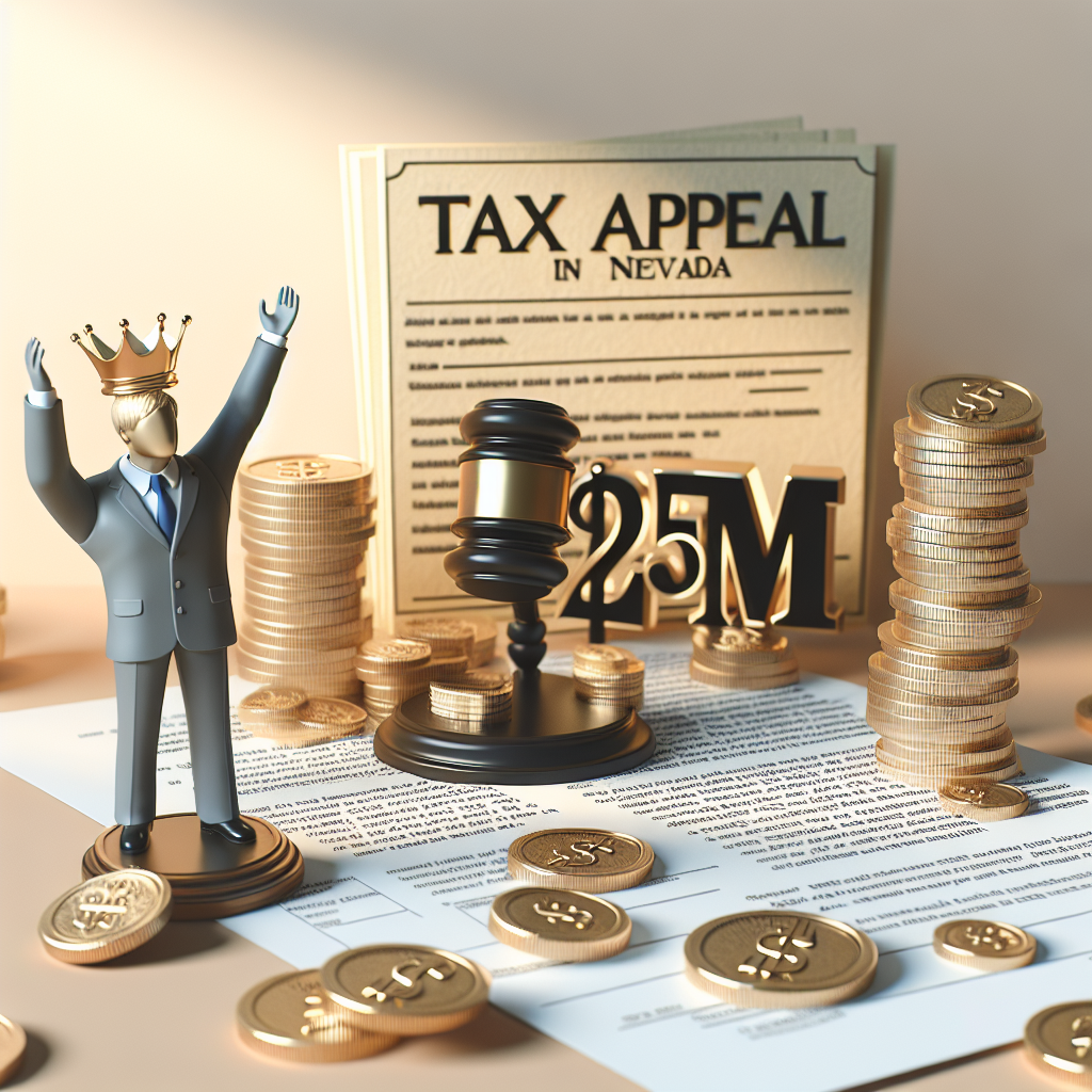 Generate a high-quality, photorealistic image illustrating a scenario of a tax appeal victory in Nevada. It should include relevant legal documents, a figure celebrating, and a large sum of $25M mentioned in the documents. The setting should capture natural lighting and soft shadows for added realism.