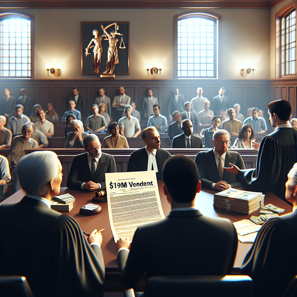 Generate a high-quality, photorealistic image illustrating the scene of a courtroom with soft shadows and natural lighting. The focus should be on a document representing a $19M verdict being affirmed, but do not provide explicit text detailing the verdict, just suggest its magnitude through the reactions of the people and symbols of legal justice. Include a diverse group of individuals interacting in the courtroom, such as a Caucasian judge, a South Asian lawyer, and Hispanic and Black onlookers expressing a range of emotions.