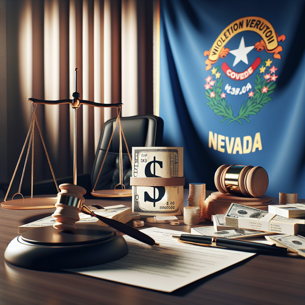A conceptual image representing a victory valued at $36 million in a court case related to intellectual property in Nevada. The scene features a formal legal setting with a gavel, Nevada state flag, legal documents and money represented in symbolic form. The lighting of the scene is natural, casting soft shadows, creating a sense of realism.