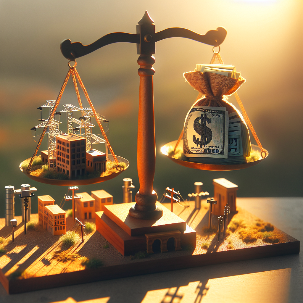 Representation of a triumphant moment in a legal battle in Nevada relating to utilities and valuing $30 million. Imagine a scale where on one side there's a bundle of cash symbolizing $30 million and on the other side there's a miniature utility infrastructure, all under the soft, warm glow of golden hour sunlight creating a natural atmosphere with soft shadows cast around the scale and the surrounding area.