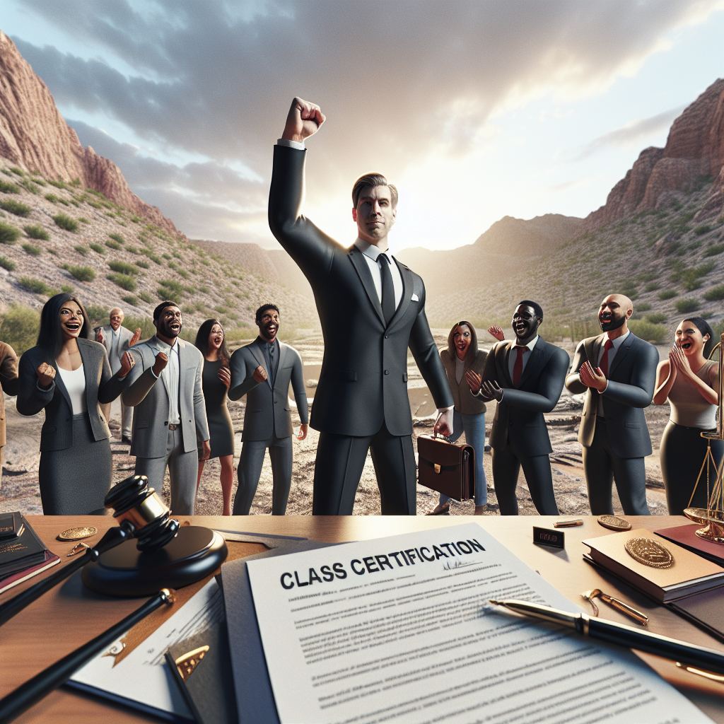 Create a high-quality, photorealistic image that visualizes a scene related to legal victory. The setting is in Nevada, emphasized by the semi-arid scenery in the background. A triumphant lawyer, a Caucasian man in a sharp suit, is center stage, fist raised in celebration. His clients, a diverse group of Hispanic, Black, Middle-Eastern, South Asian, and White individuals, surrounding him in jubilant surprise. Technical legal papers with words 'Class Certification' are in the foreground, highlighting the nature of the victory. The image is composed using natural lighting and soft shadows for a more lifelike appearance.