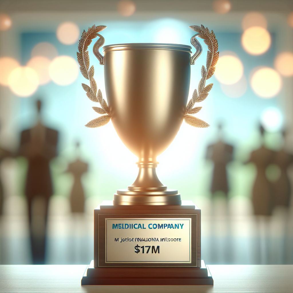 Visualize a jubilant scene signifying a major victory of a fictional medical company named Kemp Jones. Showcase a symbolic trophy or award that displays the significant financial milestone of $17M. Surround the trophy with softly lit environment blurring into the background, suggesting its significance and influence. Use natural lighting and incorporate soft shadows for photorealistic quality.