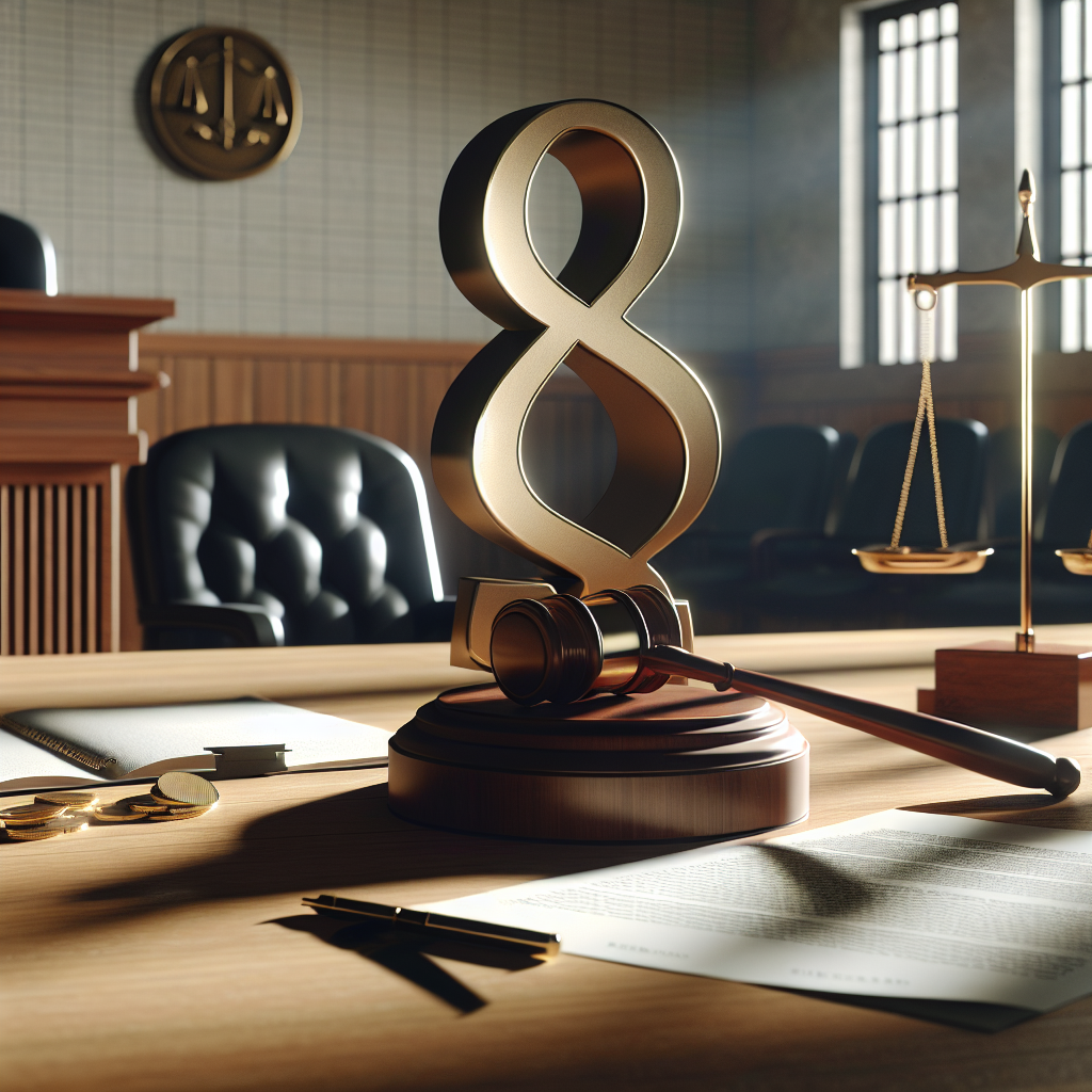 A photorealistic image rendered with natural lighting and soft shadows on a courtroom scene. Focus on a bold symbolic piece in the centre of the room, representing a significant legal decision. Also, include details like wooden judges' bench, a speaker's podium, gavel, and legal documents scattered around.