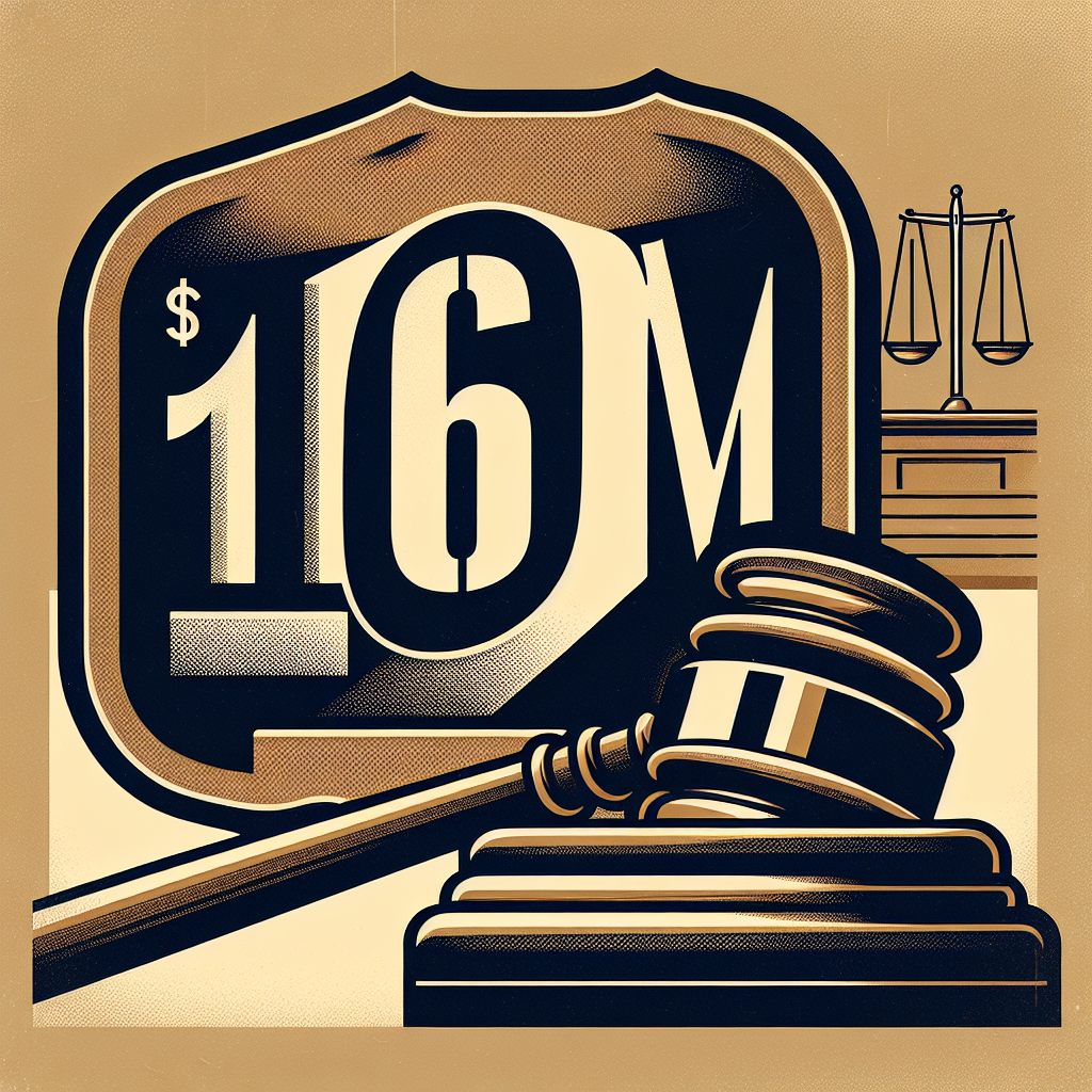 Illustrate a legal-themed image with the prominent representation of the number $16M, signifying a verdict. On the background, create a gavel to represent a courthouse or judicial setting. The overall atmosphere should be serious and solemn, symbolizing a significant legal decision.