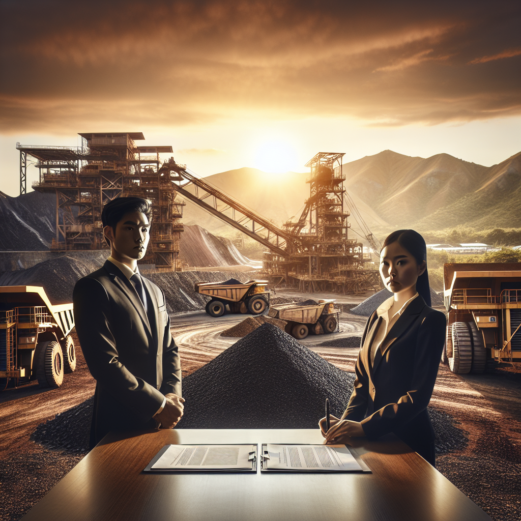 Produce an image that comprehensively depicts a significant $45 million settlement in a mining dispute. This could be represented by a large-scale mining operation with piles of ore and industrial machinery in the backdrop. In the foreground, there's a formal agreement on a table between two parties, both standing firm, one a stern black male lawyer and the other a resolute Asian female representative of the mining company. In the backdrop, you see the sun setting, casting soft shadows and natural lighting over the scene, symbolizing the closure of a day, and perhaps, the dispute.