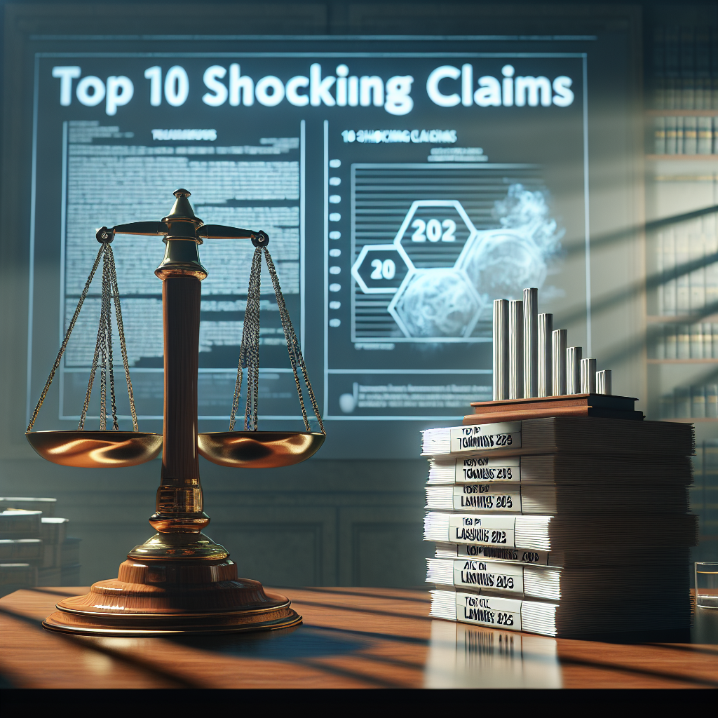 A photorealistic image portraying the symbolic representation of judicial scales on a wooden table with a projection of 'Top 10 Shocking Claims' in the background. Furthermore, add an illustrative display of documents neatly stacked and labeled 'ALS Toxic Lawsuits: 2025' on the table. The scene is lit with soft natural lighting cascading from a window on the side, casting serene shadows on the objects.