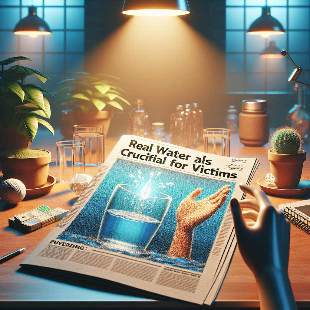 Generate a high-quality, photorealistic image that represents the concept of 'Real Water ALS Shocking Updates: Crucial for Victims'. Include elements such as a lit environment with natural lighting and soft shadows. Perhaps an open newspaper with the headline 'Real Water ALS Shocking Updates' and include some symbolic representation of its importance for victims.