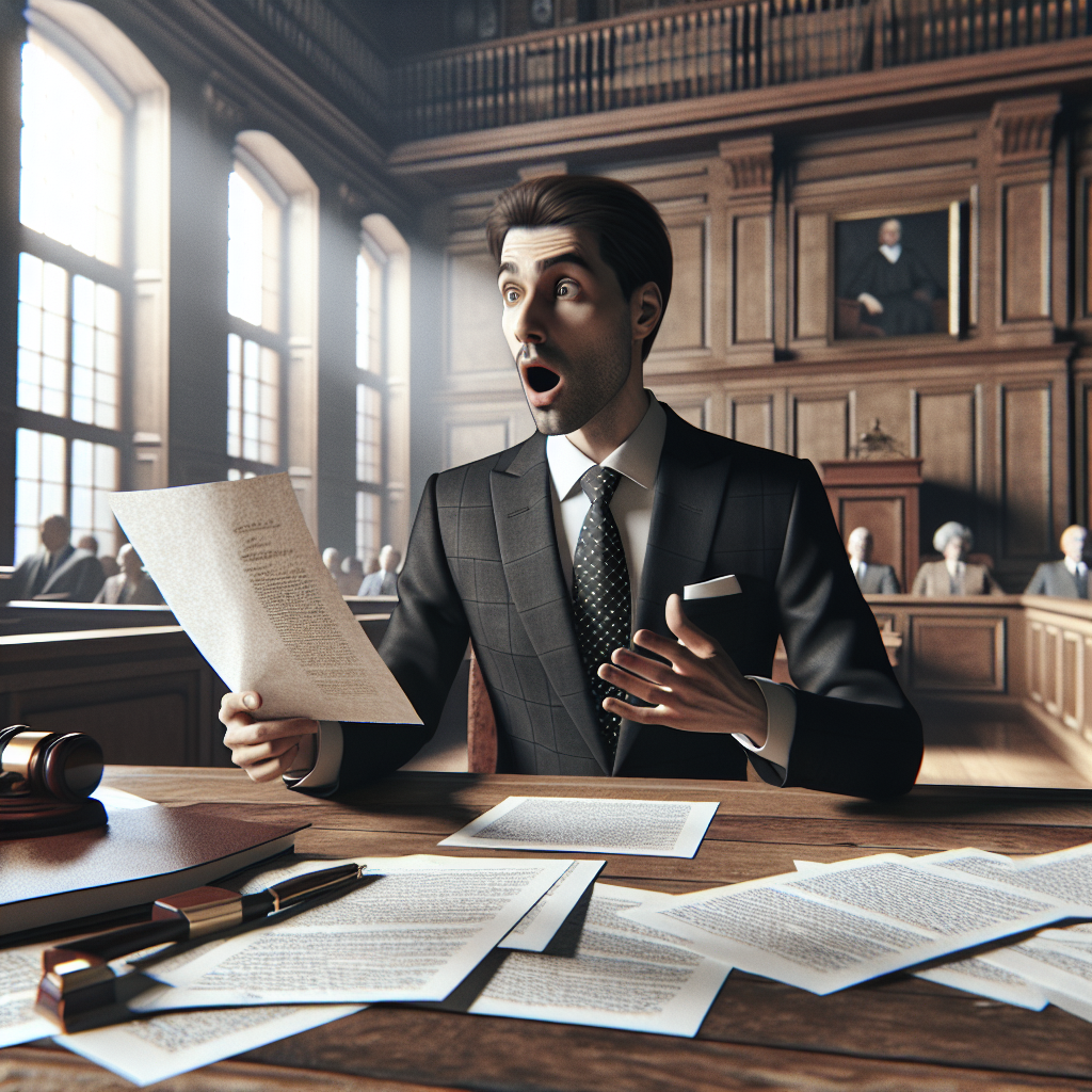 Generate a high-quality, photorealistic image set in a courtroom. The scene includes papers scattered on a large wooden table, representing legal documents. A well-dressed lawyer, a Caucasian man, is holding a piece of paper with a look of shock on his face, symbolizing a high settlement value. The background should be filled with the grandeur of the court, and natural light should pour in from large windows casting soft shadows. Regardless of the court case, this image should depict a surprising, yet positive turn of events.
