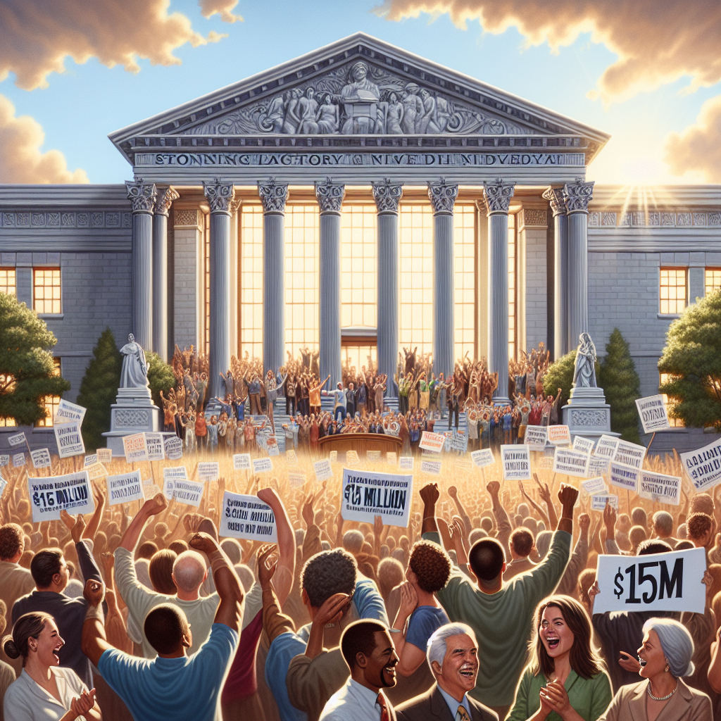Imagine a scene symbolizing a stunning legal victory with the value of $15 million related to water rights. It can be a grand scale, photorealistic drawing of a courthouse illuminated beautifully with natural light casting soft shadows. Crowds of people expressing joy and jubilation are visible. The people come from a variety of descents, such as Caucasian, Hispanic, Black, Middle-Eastern, and South Asian. They hold banners that celebrate the victory, and some of the banners display the amount $15M. Note that no specific individuals or recognizable figures should be depicted.