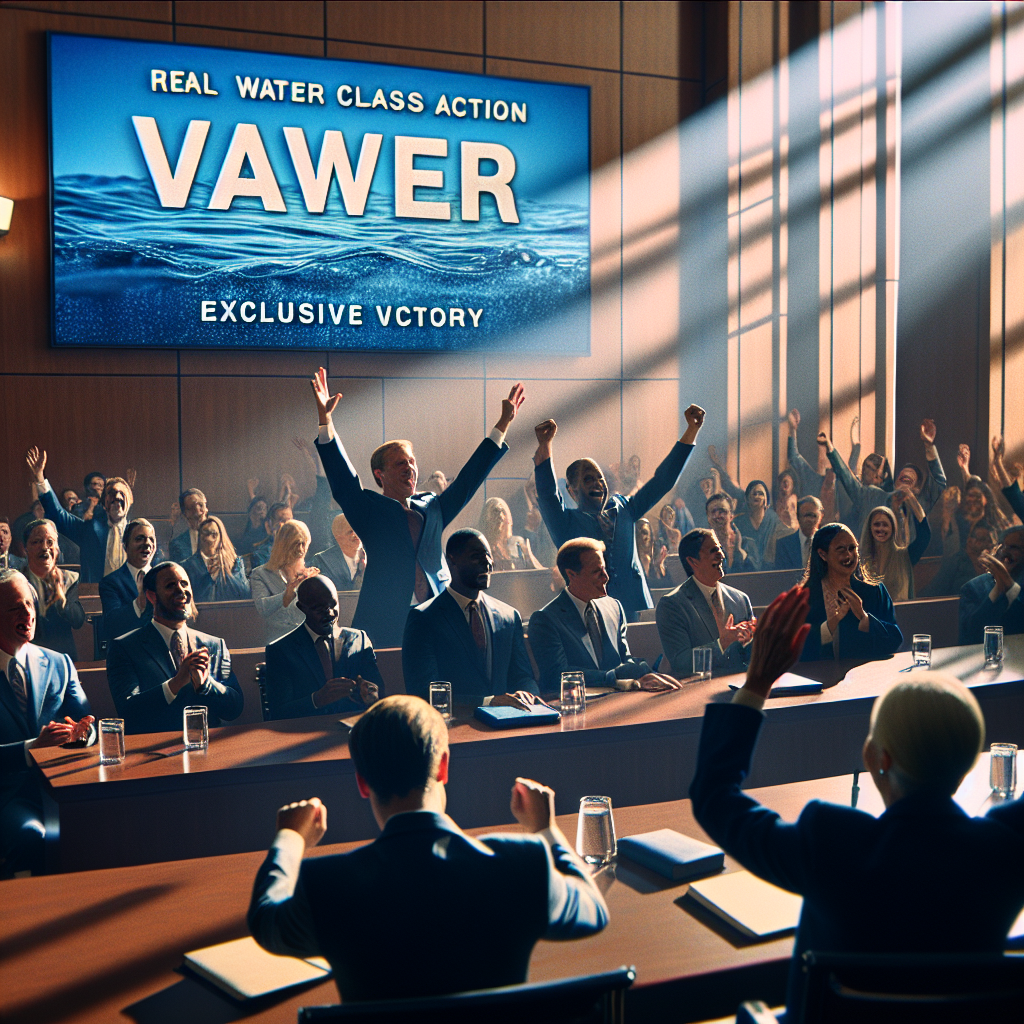 Depict a scene in a courtroom, bathed in soft, natural light casting long shadows. The room is filled with a diverse crowd of lawyers, representing various descents such as Caucasian, Hispanic, Black, Middle-Eastern, and South Asian, both men and women. The focus is on the victory moment of the plaintiffs, showing intense emotions on their faces. They've just won a landmark legal battle connected to water quality issues and they're celebrating their triumph. Make sure to capture the sense of relief and triumph they experience. On a large screen in the background, the words 'Real Water Class Action: Exclusive Victory' are prominently displayed.