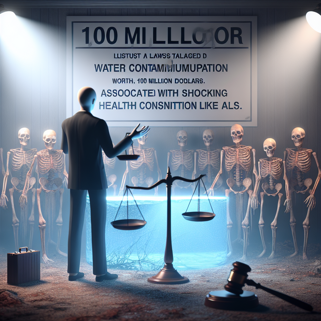 Illustrate a graphic symbolising a lawsuit related to water contamination worth 100 million dollars, associated with shocking health conditions like ALS. Use photorealistic graphics having natural lighting effects and soft shadows. Please ensure that no specific individual or entity is shown. The scene is eerie and tense, reflecting the serious nature of the issue.