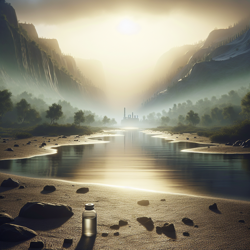 Create a high-quality, photorealistic image depicting a fictional scene related to a legal case about contamination in water. The scene should show a desolated water landscape under natural lighting and soft shadows. There is a feeling of shock in the atmosphere upon the discovery of a claim that links the contamination to an ALS diagnosis.