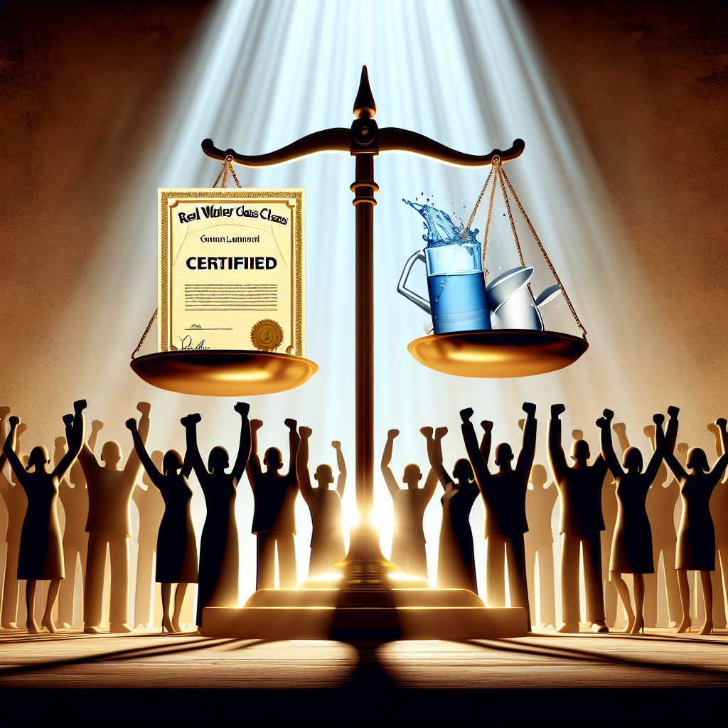 A symbolic spectacle representing a triumphant moment for people who have fought legal battles for ALS patients. In the center, a golden scale tipped to one side, signifying their victory. On the winning side of the scale, a bright, radiant certificate reading 'Real Water Class Certified' glows under the soft rays of natural lighting. The background features silhouettes of diverse male and female individuals standing tall and triumphant, their fists raised high in celebration. The entire scene is cast in a warm light, with soft shadows contributing to the overall ambiance of victory and relief.
