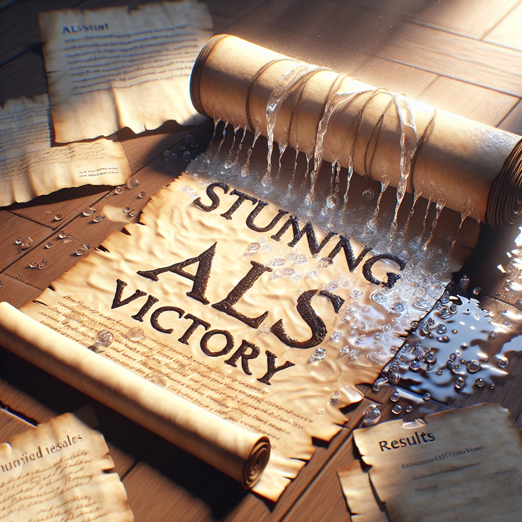 Generate a high-quality, photorealistic image with natural sunlight and soft shadows. Display a scene where a parched scroll lies open on a wooden table, with water droplets caught mid-splash, reflecting light. On the scroll, the words 'Stunning ALS Victory' should be inked, signifying hope and triumph against a formidable challenge. To the sides, papyrus documents related to ALS research are scattered and a sealed envelope labeled 'Results' is tucked within the mess, hinting at great scientific achievements.