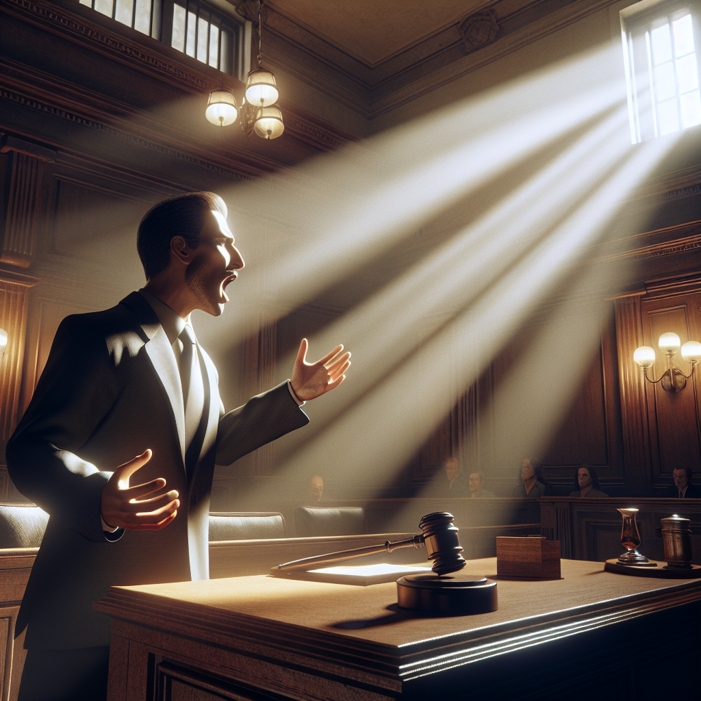 Create a high-quality, photorealistic image that encapsulates a significant courtroom scene during a water-related legal case in 2026. The atmosphere should be tense, with natural lighting from a large window illuminating the room, casting soft shadows on the intricate details of the wood furniture. An emotional lawyer in the middle of a passionate plea stands out under a focused beam of this natural light. Please exclude any specific identities of individuals. Use neutral faces for the characters, emphasizing the gravity and importance of this precedent-setting ALS-related trial.