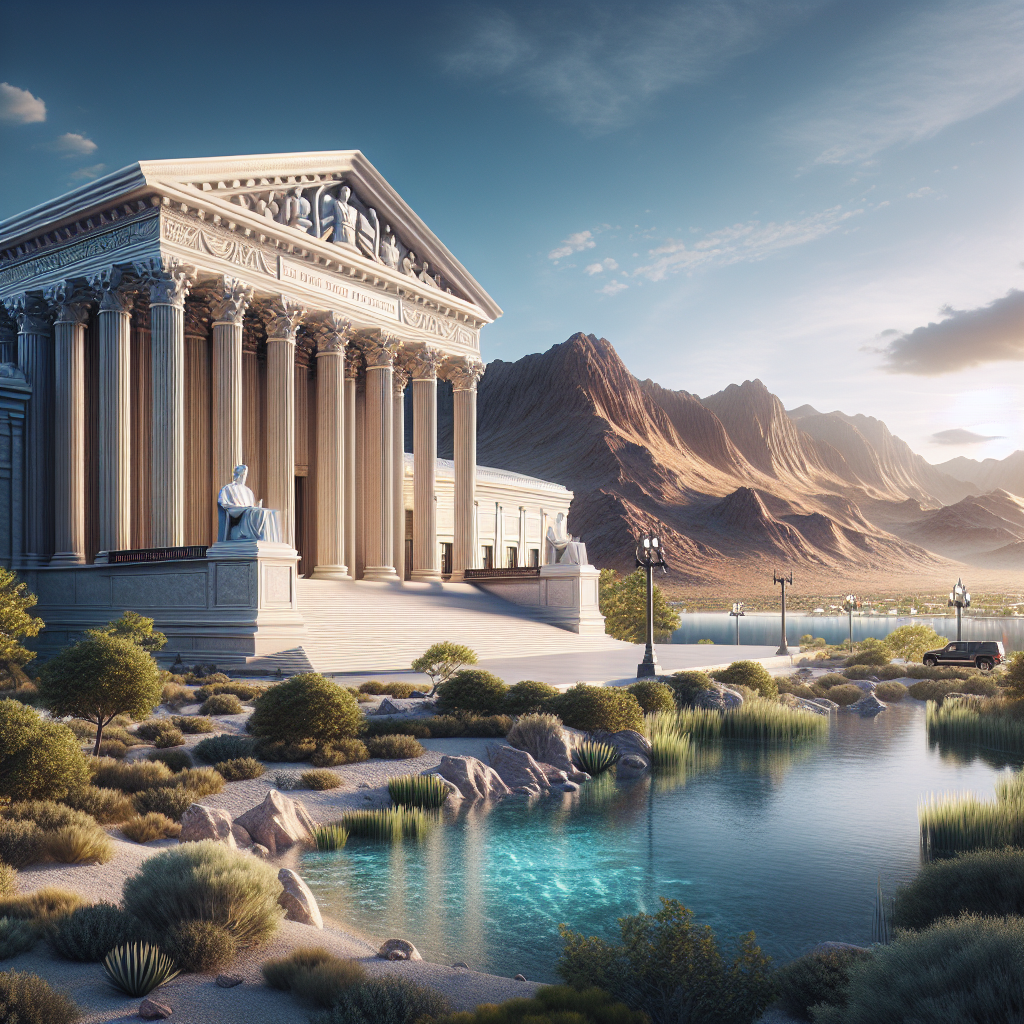 A photorealistic image showcasing the symbolic aesthetic of law and justice, tied with the essence of a Nevada landscape. In the foreground, the majestic facade of a Supreme Court-like building rises, reflecting the beauty and might of the legal institution. The building's architectural features are finely captured, evoking a sense of admiration and respect. In the background, a breathtaking landscape of Nevada – complete with its iconic semi-desert terrain and majestic mountains – opens up under a clear blue sky. The scene is bathed in natural lighting, creating soft shadows that lend depth and realism to the image. Towards the side, a view of a sparkling crystal-clear water body is seen, possibly indicating an ALS (water) review discussion or decision.