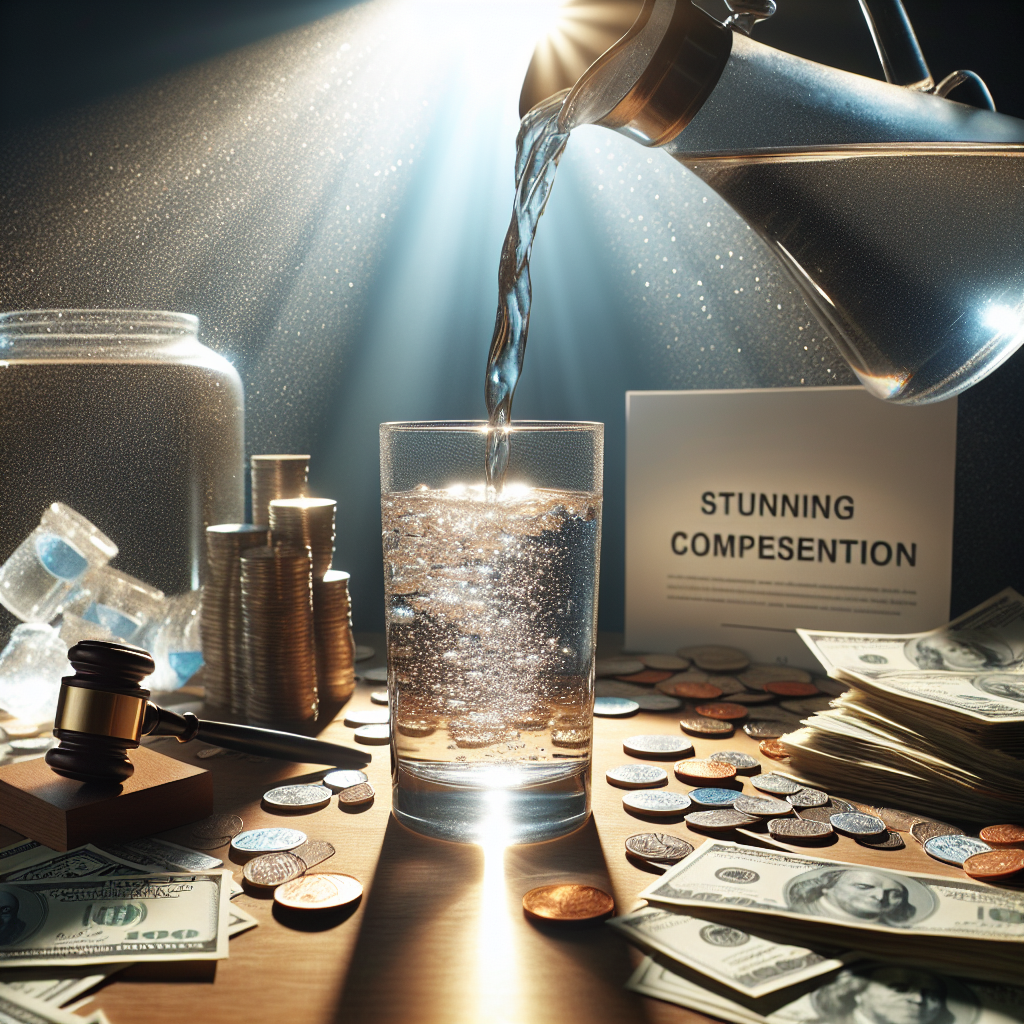 An image that represents a high-profile legal settlement, with an emphasis on water purity and monetary compensation. The scene includes some symbolic oulines: a water jug pouring clean, shining water into a glass with soft rays of sunlight sparkling against it, and scattered around, a pile of currency notes representing a large amount of money. On the top of the scene, in bold letters, there's the text 'Stunning Compensation' and at the bottom of the image, the text 'ALS Settlement'. Everything is photographed under natural lighting with soft shadows, giving the image a serene and dramatic atmosphere.
