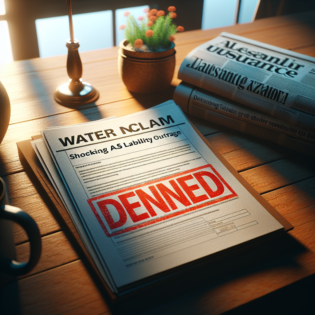 A conceptual image representation of a denied water insurance claim, depicting a document with the bold red stamp 'DENIED' across it. The document sits on top of a wooden table under natural lighting, with soft shadows falling onto it. Displayed adjacent is a newspaper headline that reads, 'Shocking ALS Liability Outrage'. The surrounding ambience is tense and the atmosphere is filled with disbelief and frustration.