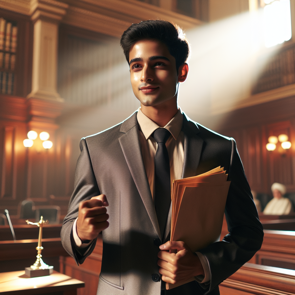 Produce a high-resolution, photorealistic image showcasing natural lighting and gentle shadows. The scene specifically captures the moment of a triumphant younger plaintiff, who has just won an exclusive lawsuit. This individual emanates strength, vindication, and a renewed sense of hope. He is South Asian male, fresh-faced and sharply dressed, confidently clutching official court papers in his hand. The background showcases a grand courtroom, filled with ornate wooden details, and softened by the warm glow of success that lights up the room.