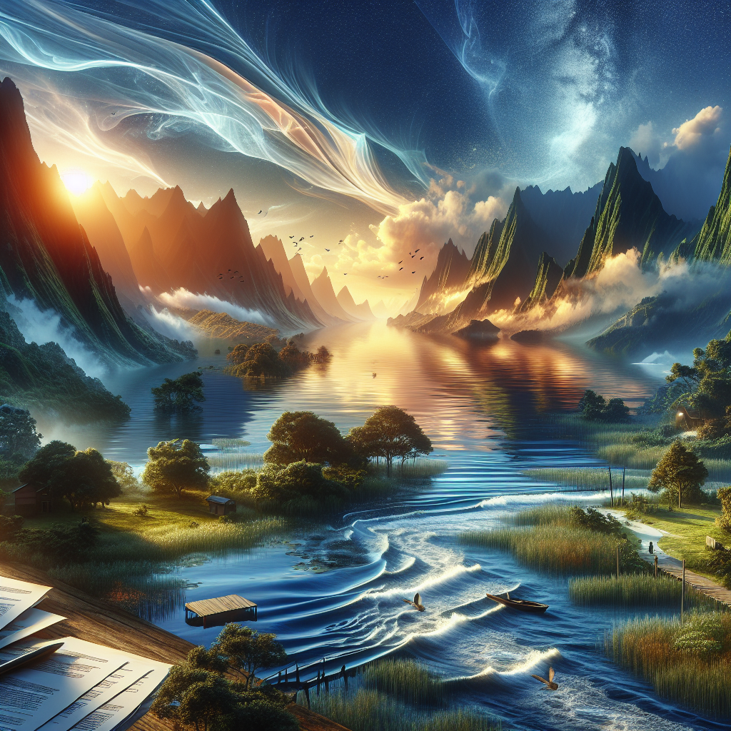 Produce a high-quality, photorealistic composition that depicts a scene of multiple water bodies across various locations. Incorporate aspects of stunning natural beauty into each locale, such as surrounding scenery, wildlife, and distinct atmospheric conditions to emphasize the versatility of water's aesthetics. Simultaneously, overlay subtle indications of legal documents to imply the context of significant lawsuits underway, such as official letterheads or brief glimpses of legalese text. Use natural lighting and soft shadows throughout, ensuring an overall harmonious and visually appealing representation.