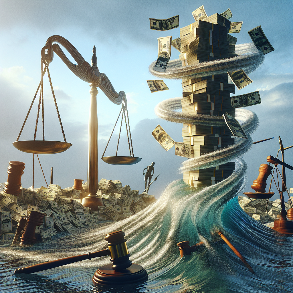 Create a photorealistic image that portrays the concept of a high-stakes legal battle involving water rights, symbolized by a tall stack of cash amounting to $500 million. Incorporate elements that signify the cause being for ALS amidst the swirling dynamic of legal battles. Use natural light and soft shadows for a dramatic effect.