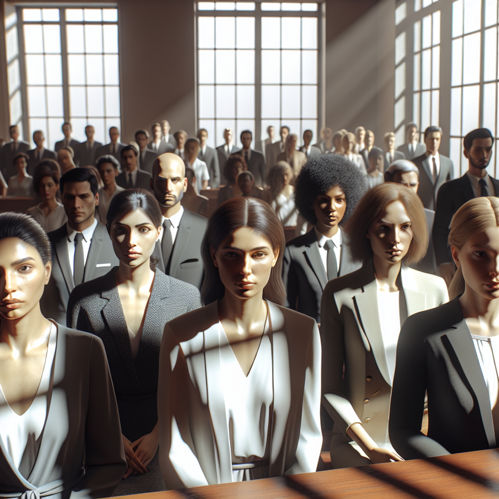 Create a high-quality, photorealistic image. Visualize a scene in a courtroom, having natural light filtering in through large windows casting soft, lifelike shadows across a diverse group of women and men who are plaintiffs. Their expressions convey serious determination and bravery, as they stand united in this high-stakes mass litigation. Please ensure the portrayal of the room conveys gravitas, and that the individuals are of various descents such as Caucasian, Hispanic, Black, Middle-Eastern, South Asian and White.