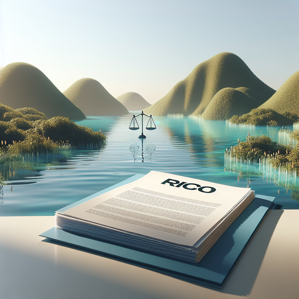 Create a high-quality, photorealistic image depicting an abstract scene related to justice and water themes. It should show a set of legal documents labelled 'RICO', indicating a new development in racketeering laws. The water element could be represented by a pristine, tranquil lake in the background. The scene is set under natural light, creating soft shadows that give depth to the image.