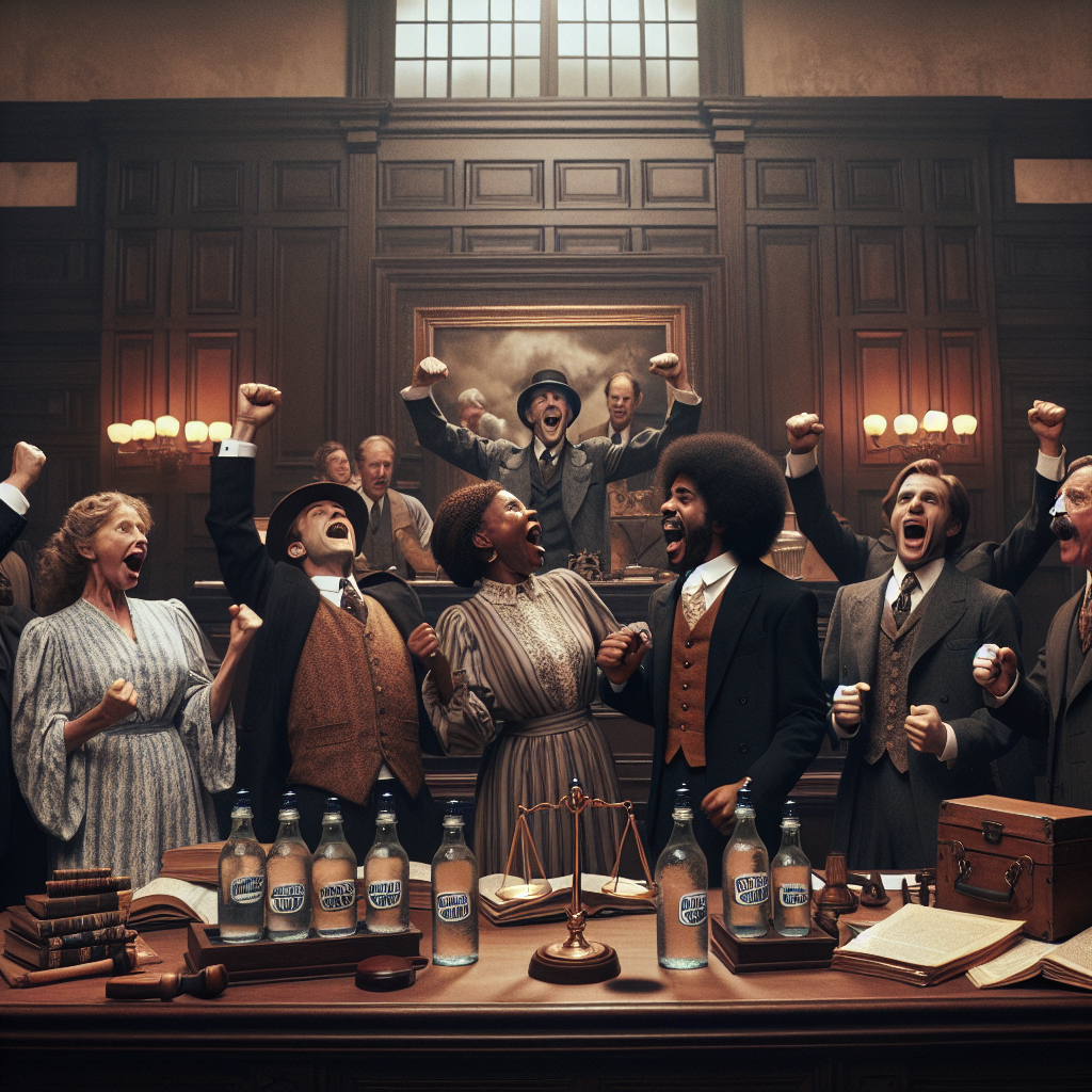 Imagine a dramatic courtroom scene where a jury composed of diverse individuals, each displaying a distinct personality through their attire and expressions, has just announced a verdict. In the background, a vintage setting with wooden panelling, subdued lighting and antique furniture adds gravity to the setting. The plaintiffs, a middle-aged Caucasian woman and a younger Black man exult in their stunning victory. They show their jubilation through victorious smiles, fist pumps and high fives, surrounded by their legal team. Their opponents, in contrast, show shock and disbelief. They're all amidst stacks of documents and evidence - predominantly bottles labelled 'Real Water'.