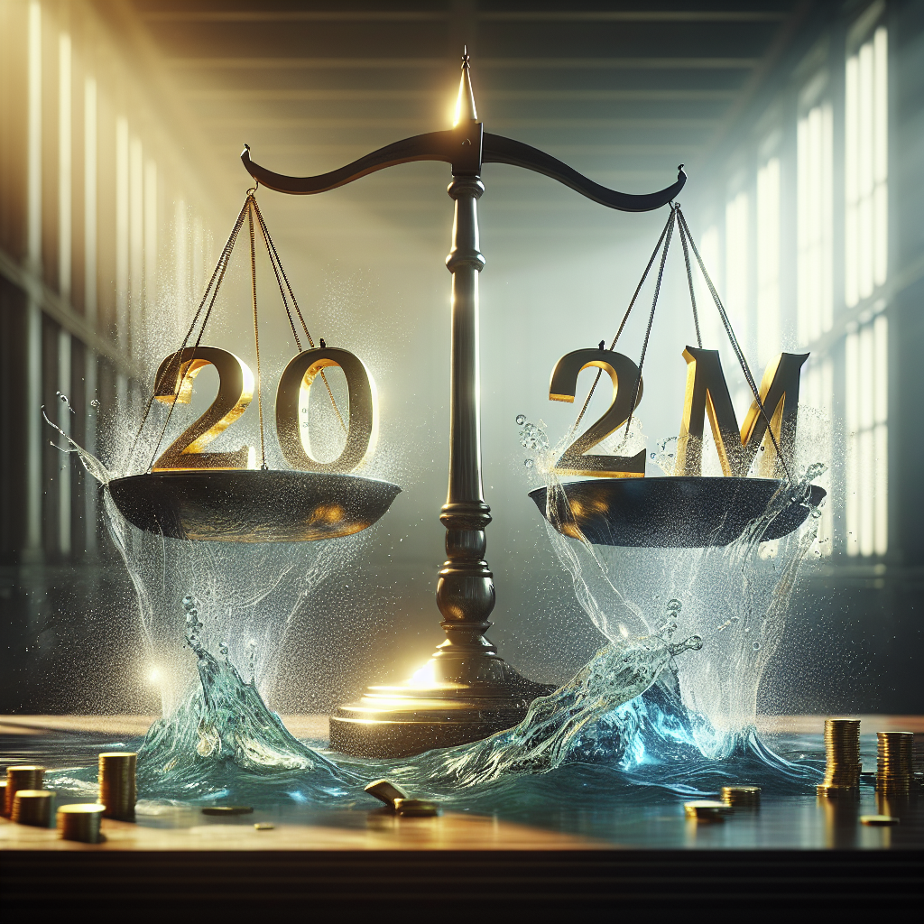 Visualize an abstract concept of a grand victorious moment of a legal triumph, symbolized by a scale of justice tilting in favor on one side with a golden number '250M' above it, implying a $250M damages win. Surround the scale with splashing water, indicating the cause being related to water. The atmosphere should reflect natural lighting and soft shadows highlighting the gravity of the situation.