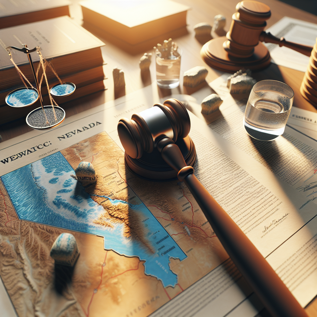 Create a high-quality, photorealistic image that showcases a significant legal breakthrough in Nevada related to water rights consolidation. The image should use natural sunlight and soft shadows for illumination. Give it an air of excitement and triumph, perhaps symbolized by a gavel striking down. Surroundings could include a blend of legal documents regarding water rights scattered around, a map of Nevada, and perhaps a representation of water. Try achieving a balance between realism and symbolism to capture the essence of this momentous event.
