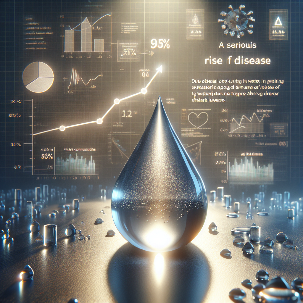 Create a photorealistic image illustrating a concept of a serious health concern. Present this as a chilling and shocking increase in a rise of disease (ALS). The scene should include symbolic elements such as a water droplet, suggesting a connection to the purity of water, but also its potential detriment. Due attention shall be given to natural lighting and soft shadows to maximize the dramatic effect. Add graphs and statistic numbers to emphasize the alarming increase.