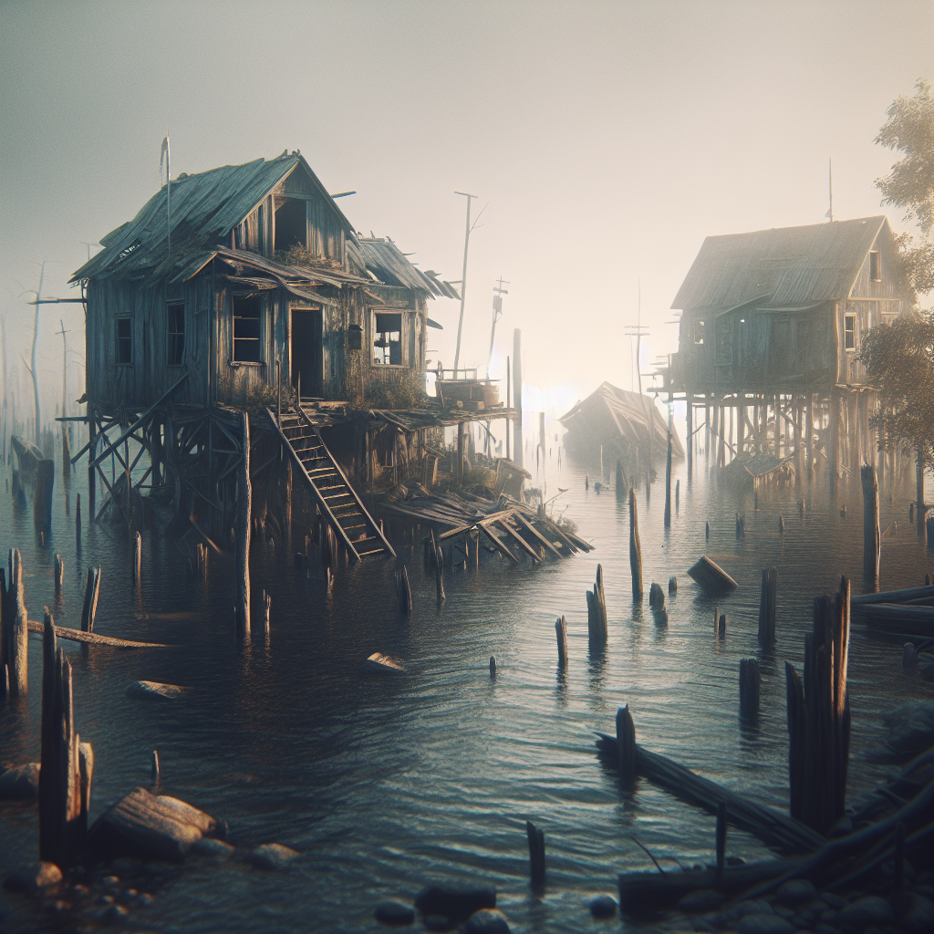 Generate a high-quality, photorealistic image capturing a somber scene, reflecting the theme of 'Collapse of a Water Settlement'. The image should have an abandoned aquatic outpost, characterized by dilapidated structures and sinking houses, conveying a strong sense of loss and failure. Use natural lighting to create a somber atmosphere with soft shadows that add depth and drama to the scene.