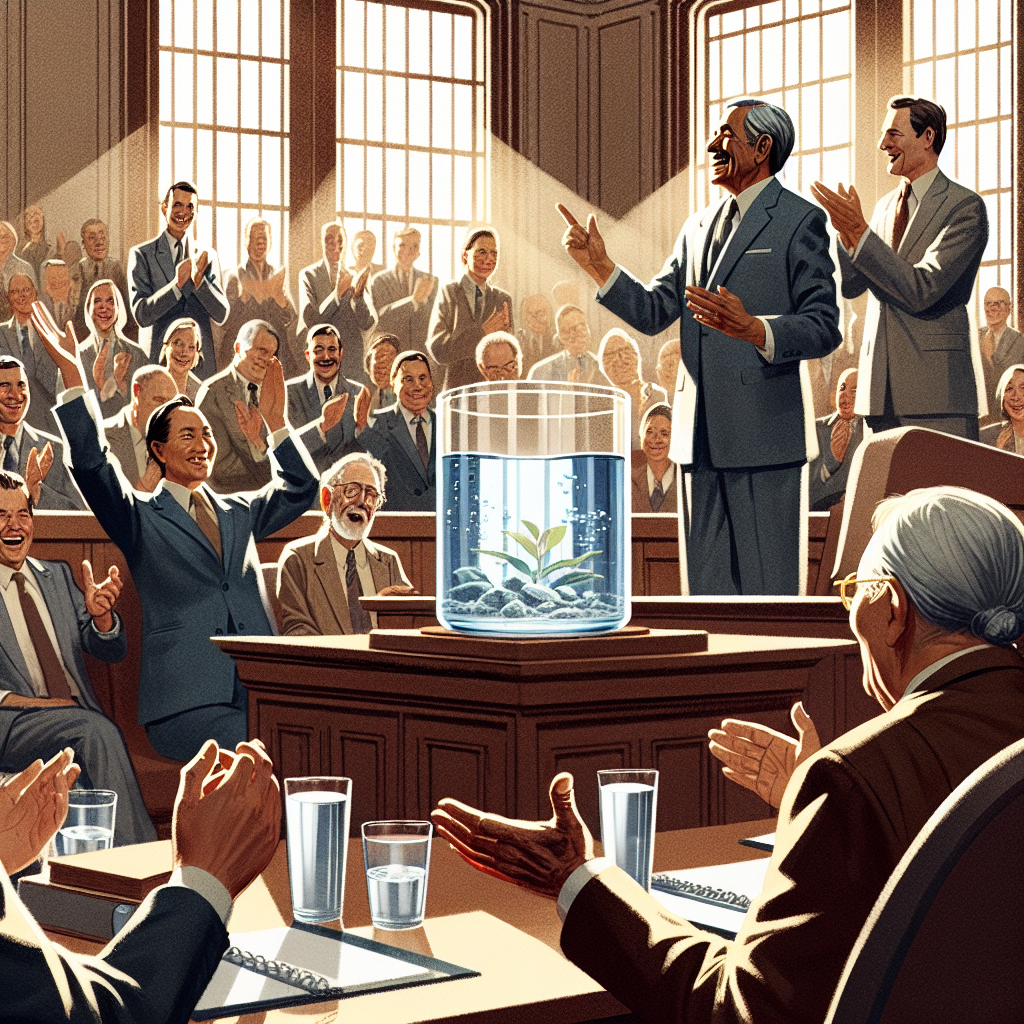 Illustrate a courtroom scene emphasising a triumphant moment as the verdict is announced in a landmark water rights case. The room is filled with natural lighting that casts soft shadows, highlighting the emotions on the faces of the diverse jury members. There is a prominent display of the exhibit central to the case - a water sample contained in a sleek, cylindrical glass jar. The lawyer, an astute South Asian woman, together with the plaintiff, an elderly Hispanic man, celebrates the victory amidst applause. Representation should be high-quality and photorealistic.