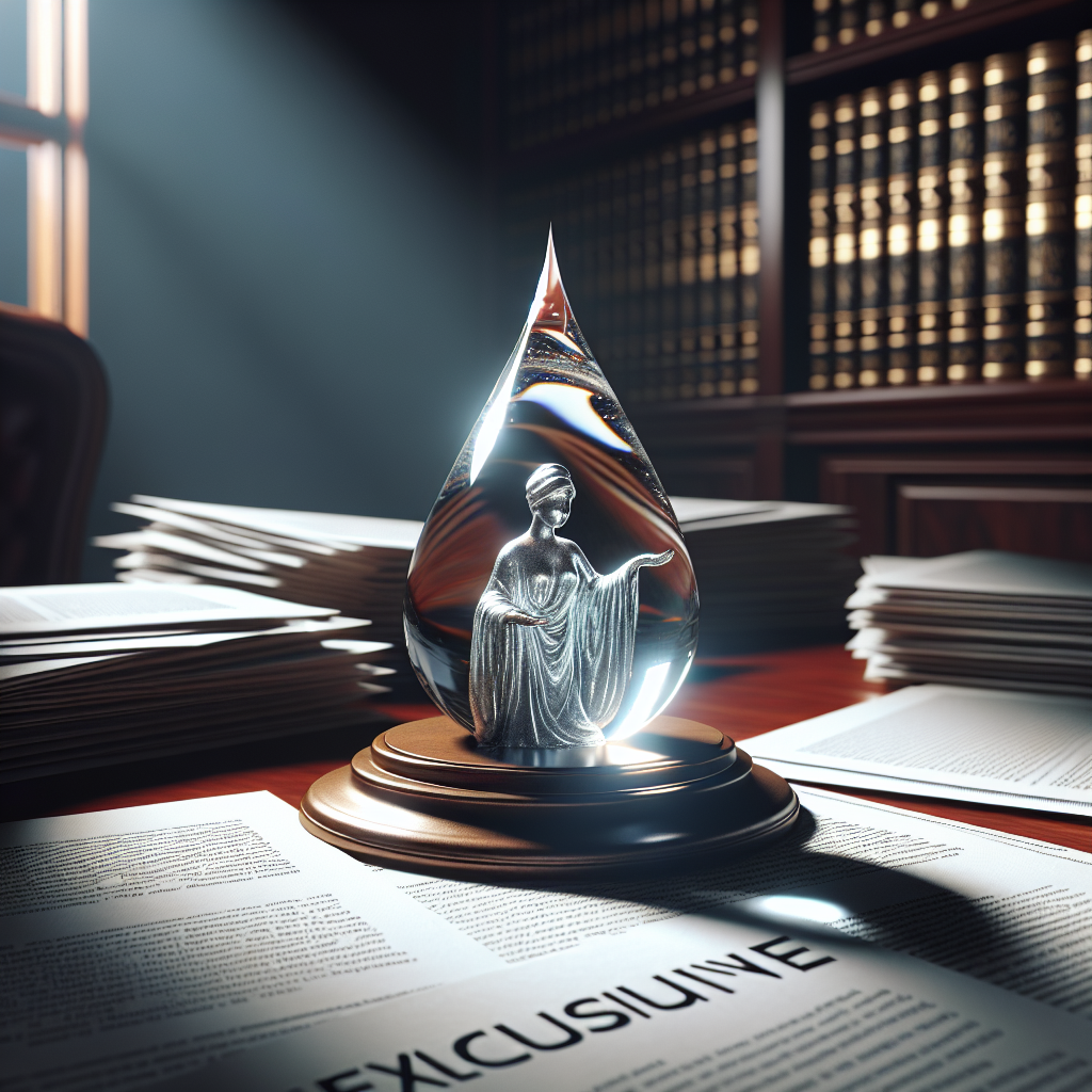 A high-quality, photorealistic image illustrating the concept of a 'water statute' deadline. The scene should depict a glistening, tangible water drop falling, formed in the shape of a statue signifying a water law or policy. Surrounding this water statue, exclusive documents related to ALS claims are spreading out. Increase the visual impact with natural lighting casting soft shadows around the water statue and the documents. Let the surge in claims be indicated by an increasing pile of documents related to ALS on a well-polished mahogany desk.