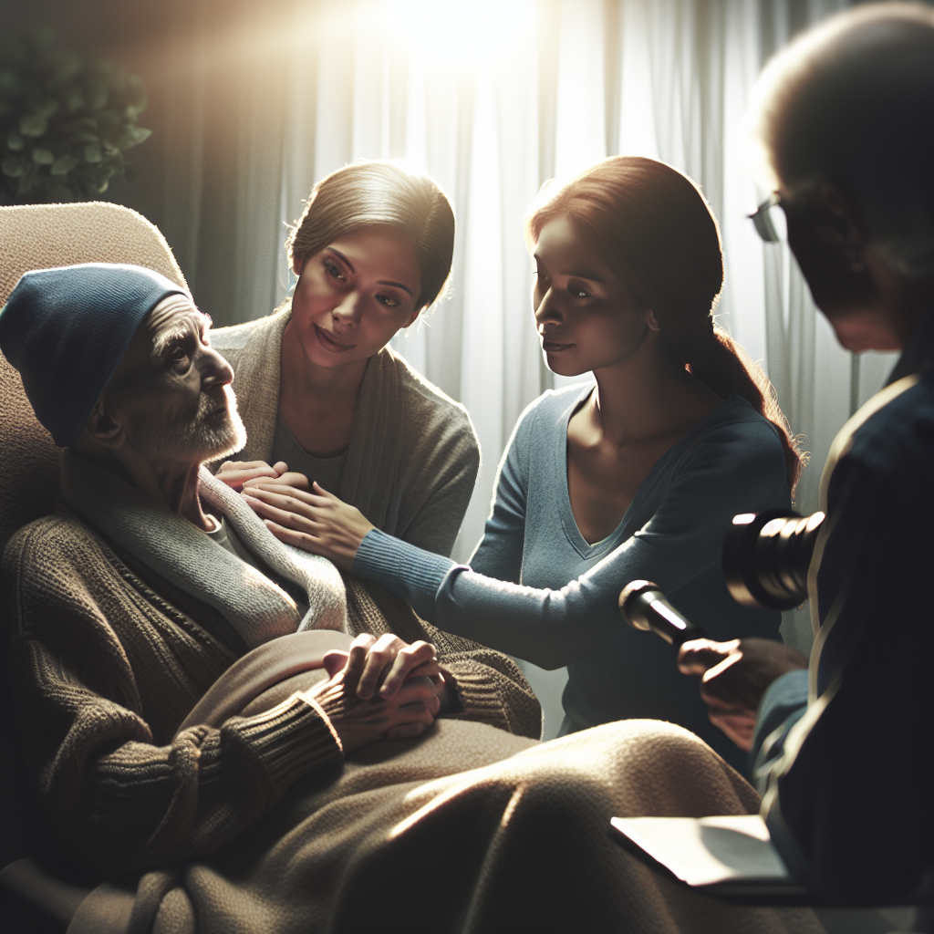 Produce a meaningful, high-quality image under natural lighting with soft shadows pertaining to: The human spirit battling ALS: A deep dive into their personal journeys and emotional narratives. Illustrate a scene where an affected individual is being interviewed by a reporter, the setting cozy and comfortable, their faces filled with determination and resilience. Ensure that the image also incorporates elements of support from family and representation from the medical community.