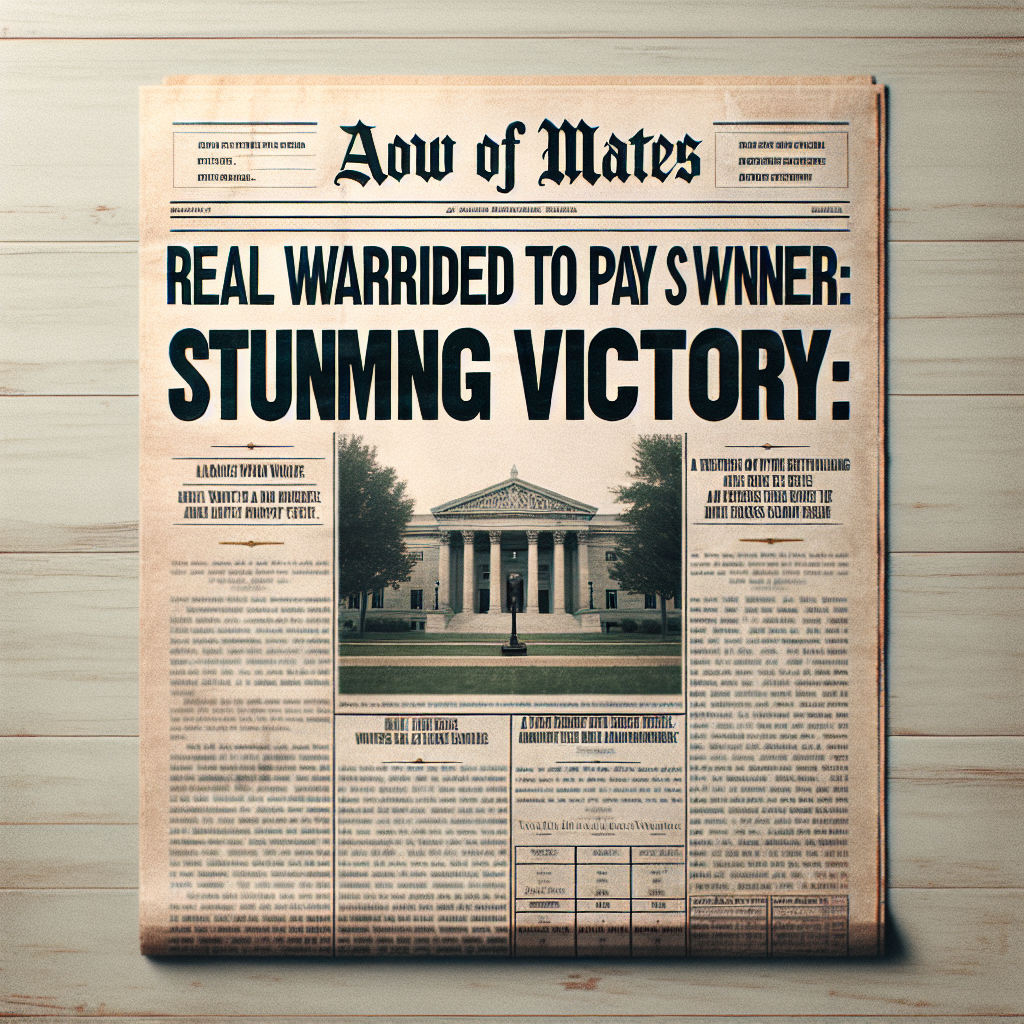 Create an image that shows a significant headline in a newspaper. The title is 'Real Water Ordered to Pay ALS Winner: Stunning Victory'. The image also includes a lower column that details the event. It provides a faded image of a court building in the background with a balanced use of natural light and soft shadows.