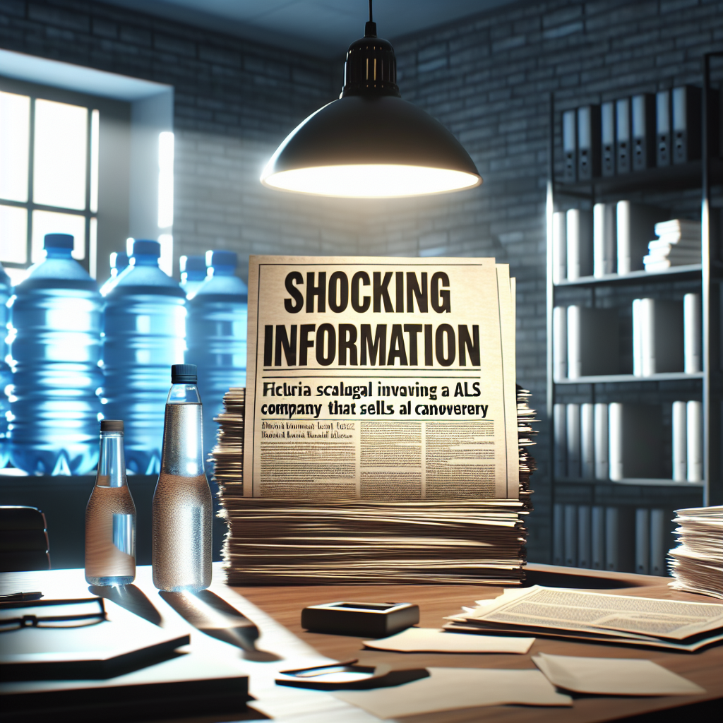 Visual representation of a scandal involving a fictitious multi-level marketing company that sells water. The scene reveals shocking information related to an ALS-related controversy. Suppose that the main scene features piles of stacked papers with revealing headlines, a bottle of water in the background, and an office space lit with natural lighting cast soft shadows.