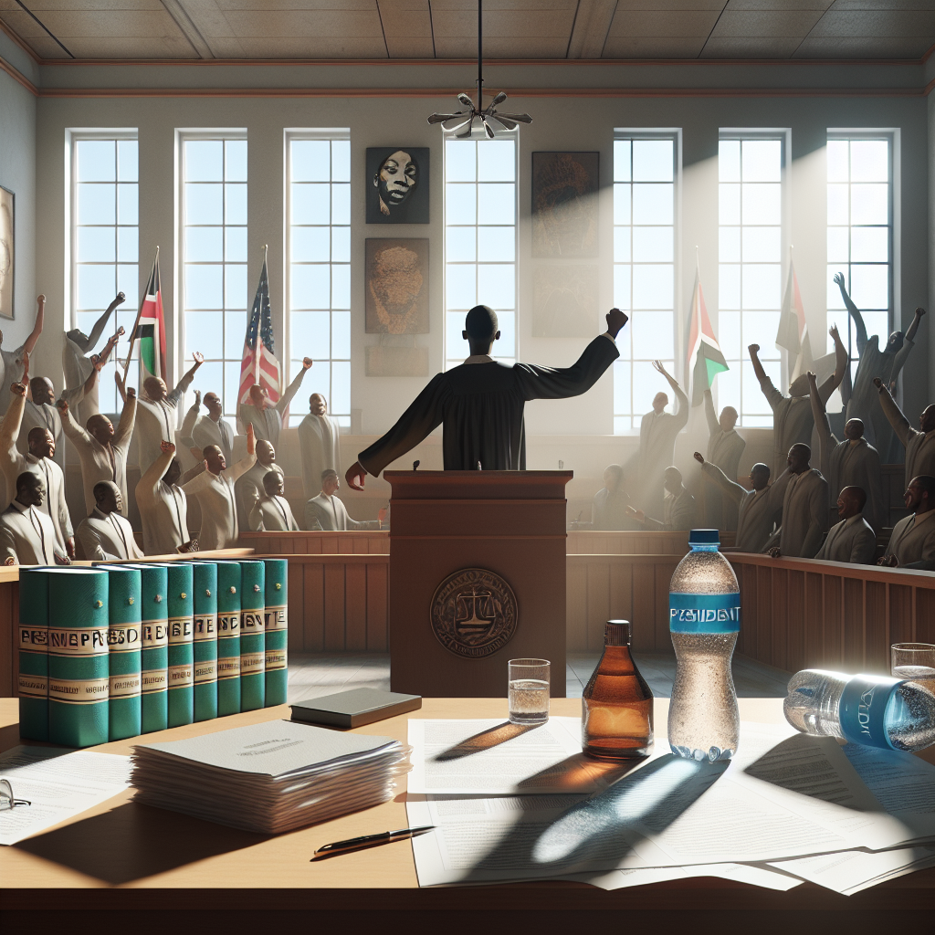 Create a photorealistic image depicting a court room setting. The room is filled with natural light and soft shadows caused by the sunlight coming through the windows. In the centre of the room is a person of black descent wearing a triumphant expression, standing behind a podium. To their left is a pile of documents titled 'Precedent: ALS Causation'. To their right, a water bottle is tipped over, symbolizing defeat. The room is filled with people cheering of varying descents and genders, commemorating the stunning victory against the water company.