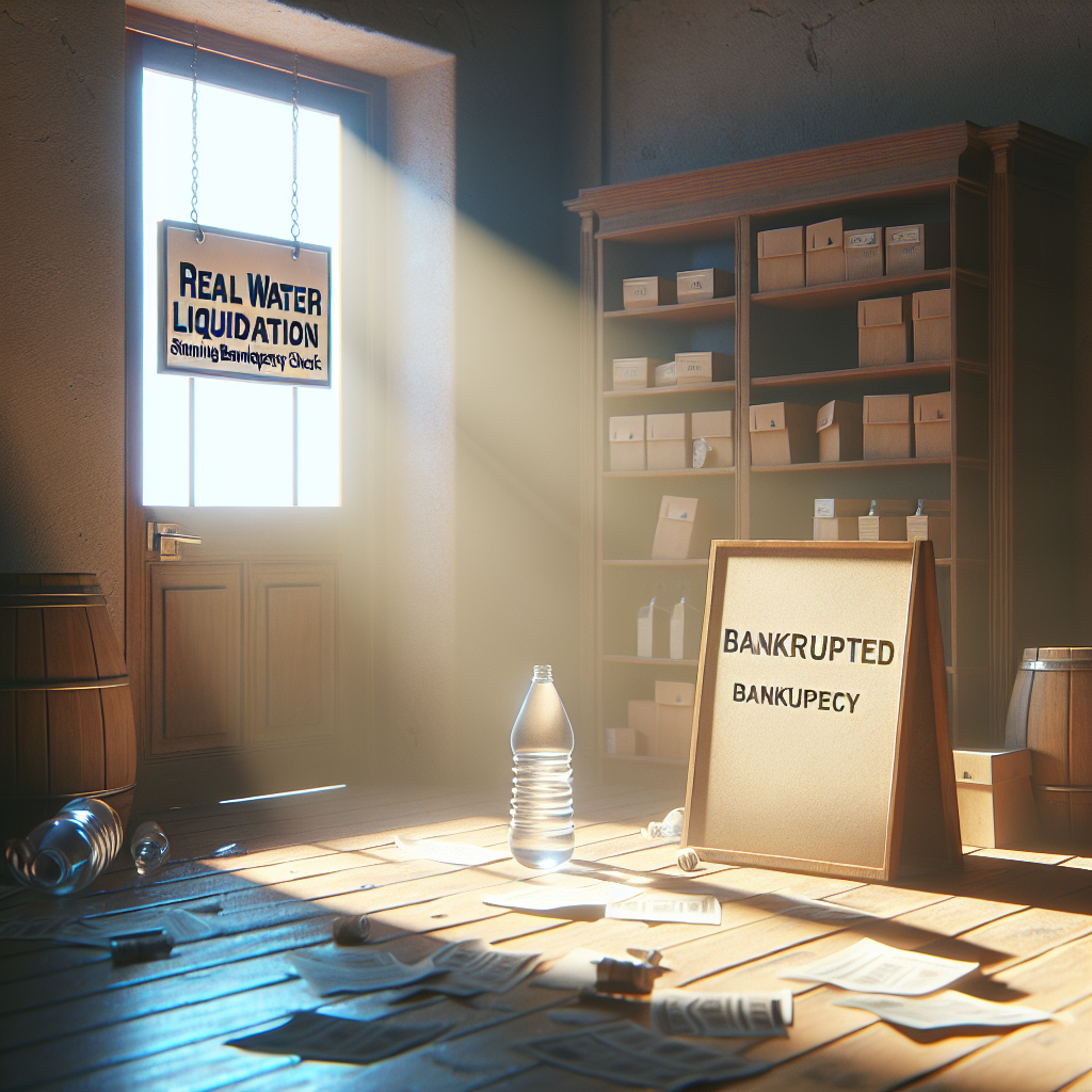 Create a photorealistic image embodying the concept of 'Real Water Liquidation: Stunning Bankruptcy Shock'. The scene should have a feeling of astonishment reflecting the impact of bankruptcy. Possible elements to include might be a closed shop with a signboard saying 'Bankrupted', shadowy financial documents strewn about, and a single empty water bottle to represent the liquidation. Feature these elements under the glow of natural lighting, creating soft shadows and a gentle, quiet despair.