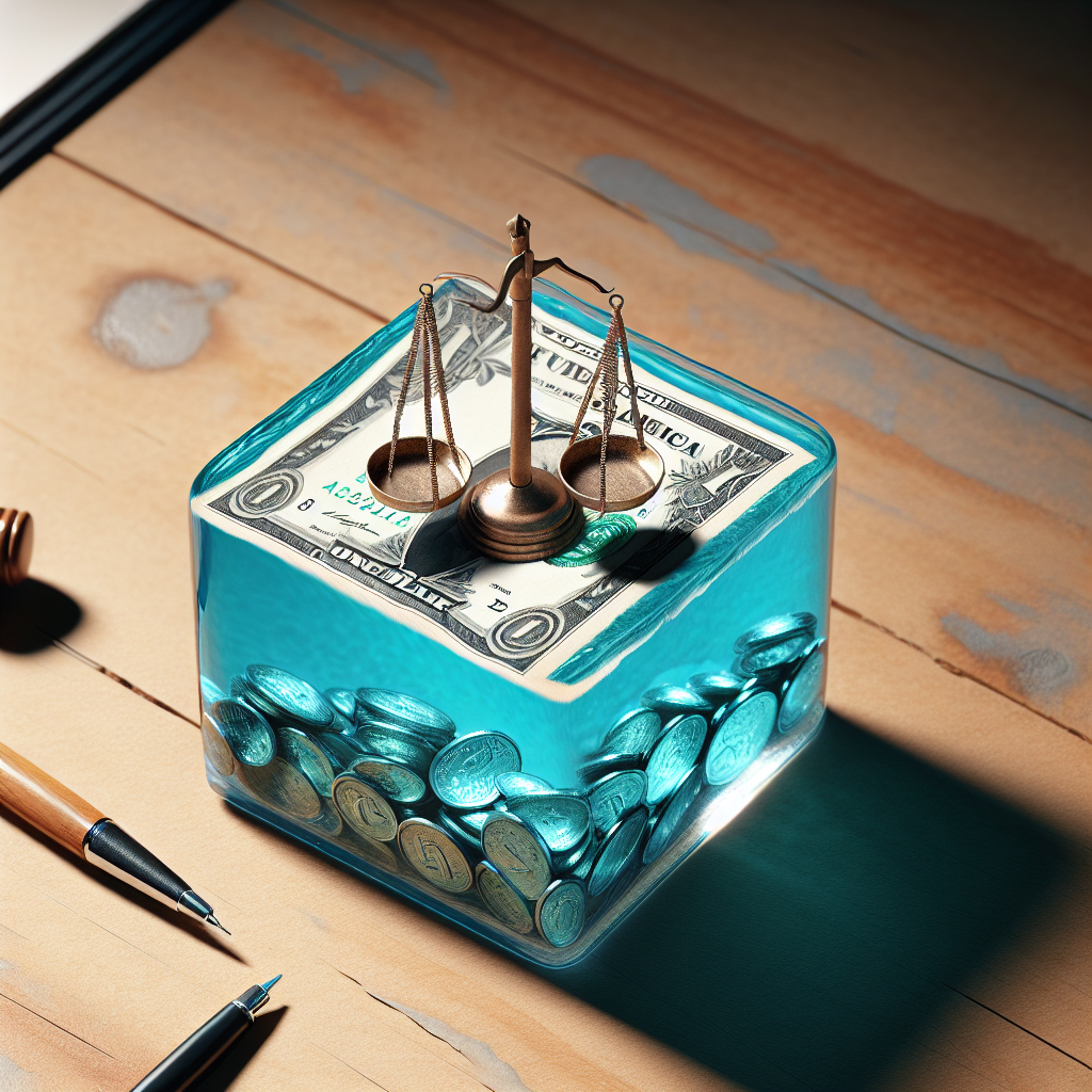 Produce a seamless, high-quality, photorealistic snapshot focusing on a metaphorical representation of 'ALS Justice Fund'. Paint a picture of a balanced scale symbolizing 'justice', resting on a bed of authentic aqua blue water. The water signifies 'Real Water'. Enhance the picture with natural lighting casting soft shadows for a striking outcome.