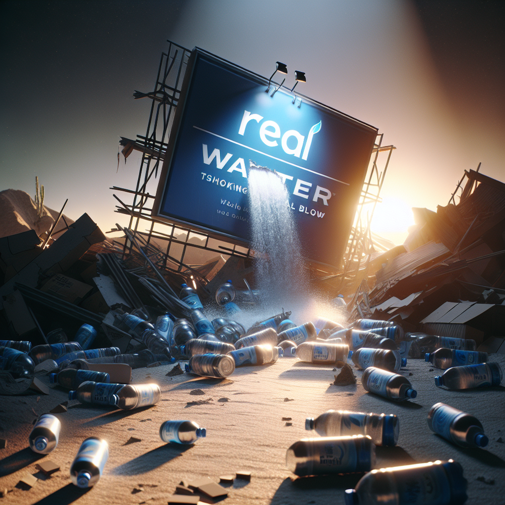A high-quality, photorealistic image showing a dramatic scene of a bottled water company 'Real Water' in ruins as the final blow was dealt to it. It is a moody visual with the emphasis on natural lighting and soft shadows. The signage of the company can be seen partially collapsed, the bottles of water are scattered around. The background has a sun setting casting long shadows and a sense of an end, embodying the 'Shocking Final Blow'.