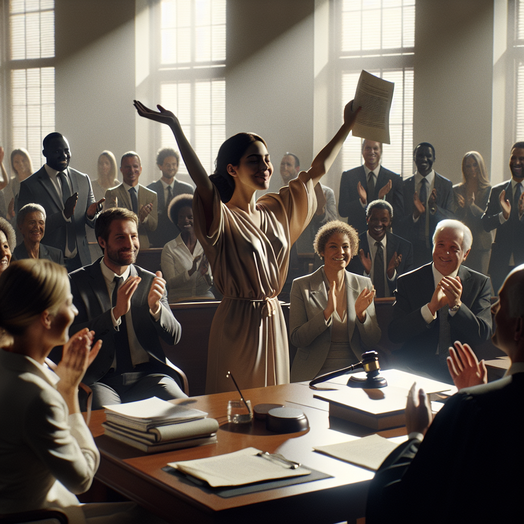 Generate a high-quality, photorealistic image showing an emotionally intense scene in a courtroom. The room is filled with soft natural light that casts gentle shadows, creating a tranquil yet serious atmosphere. The central figures include a Caucasian male judge on the bench and a diverse group of jury members who are a mix of different genders and descents such as Hispanic, Black, Middle-Eastern, South Asian, and White. At the centre is a victorious litigant, a woman of Middle-Eastern descent whom the case pertains to, and she is living with ALS. She looks stunningly relieved and triumphant, holding up documents symbolising her victory in the water-related case. A round of applause surrounds her from her lawyer, a Black male, and observers. All expressions convey a sense of justice served.