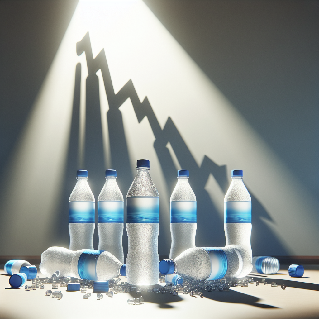 A photorealistic image employing natural lighting and soft shadows that illustrates a decline in the popularity of a fictional bottled water brand. The image should register a sense of shock, possibly signified by a dramatic drop in sales or discarded bottles. This sudden change in fortunes hints at a fallout caused by a revealed connection to an undisclosed ailment, symbolized by an abstract representation of neurologic disorder.